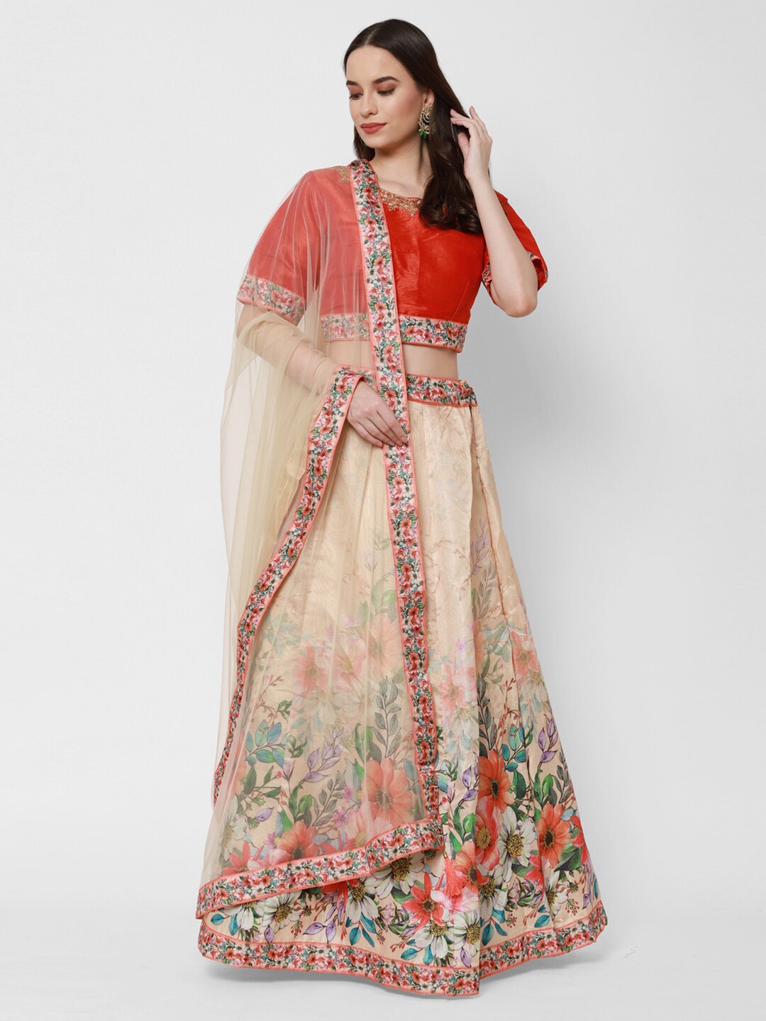 

RedRound Red & Peach-Coloured Printed Semi-Stitched Lehenga & Unstitched Blouse With Dupatta