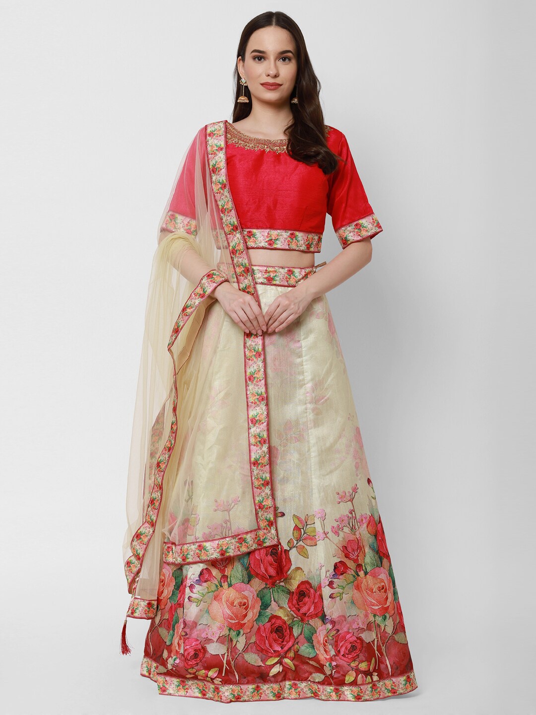 

RedRound Orange & Beige Embroidered Semi-Stitched Lehenga & Unstitched Blouse With Dupatta