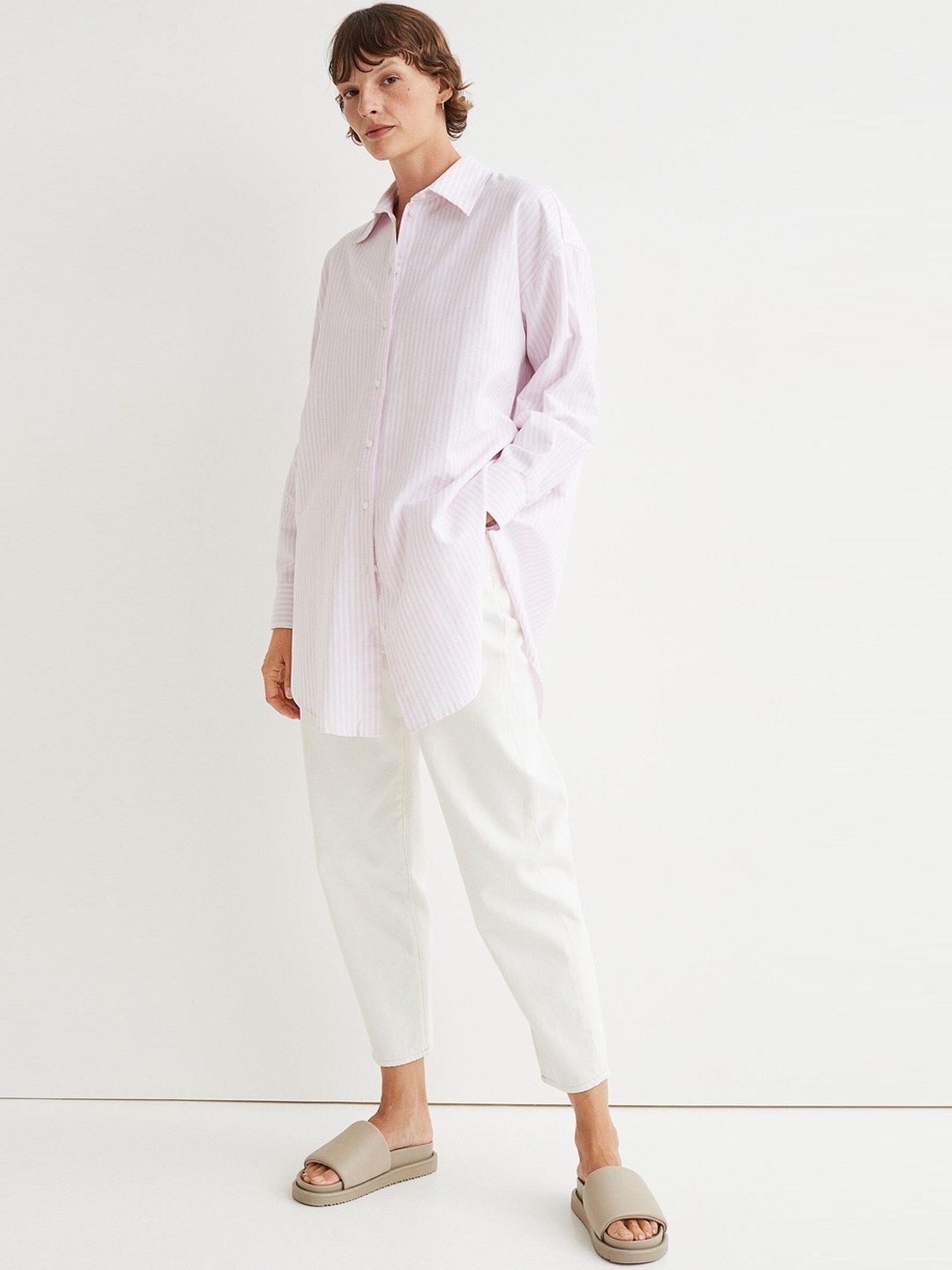 

H&M Women Pink & White Long Oxford shirt