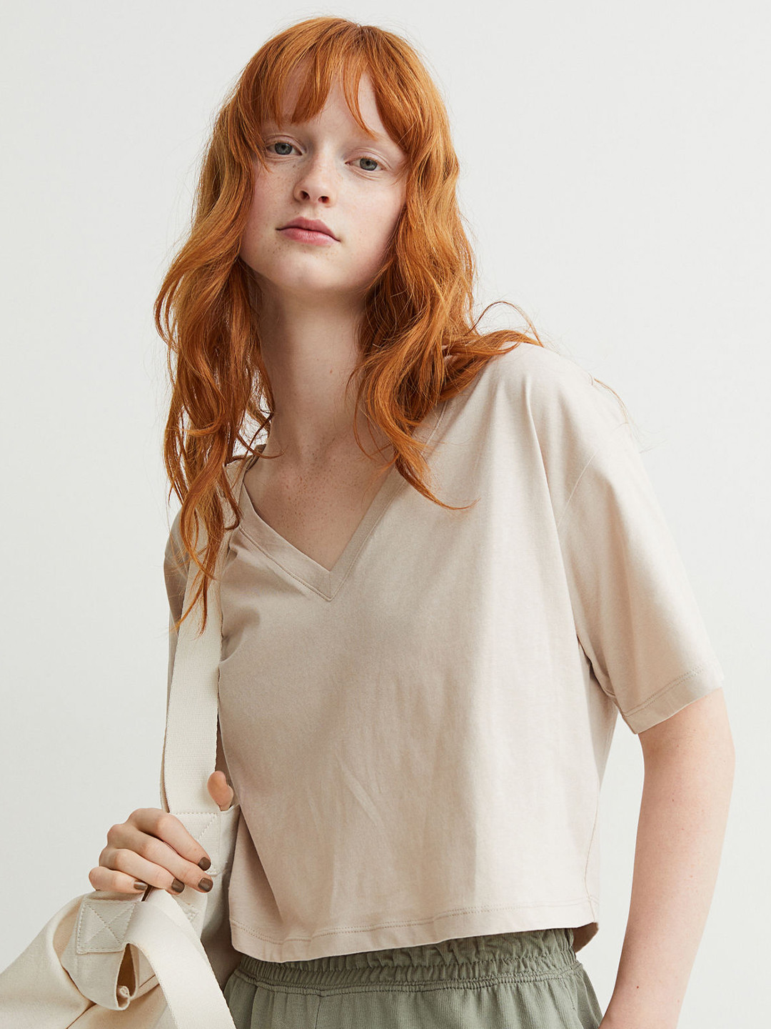 

HM Women Beige Cropped Pure Cotton T-shirt