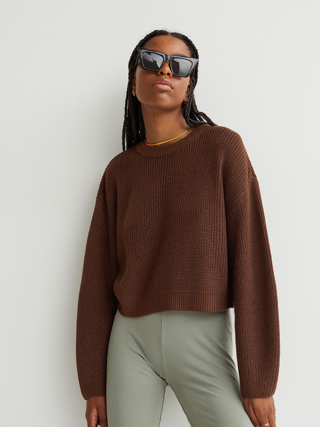 

H&M Women Brown Long Sleeves Acrylic Rib-Knit Jumper