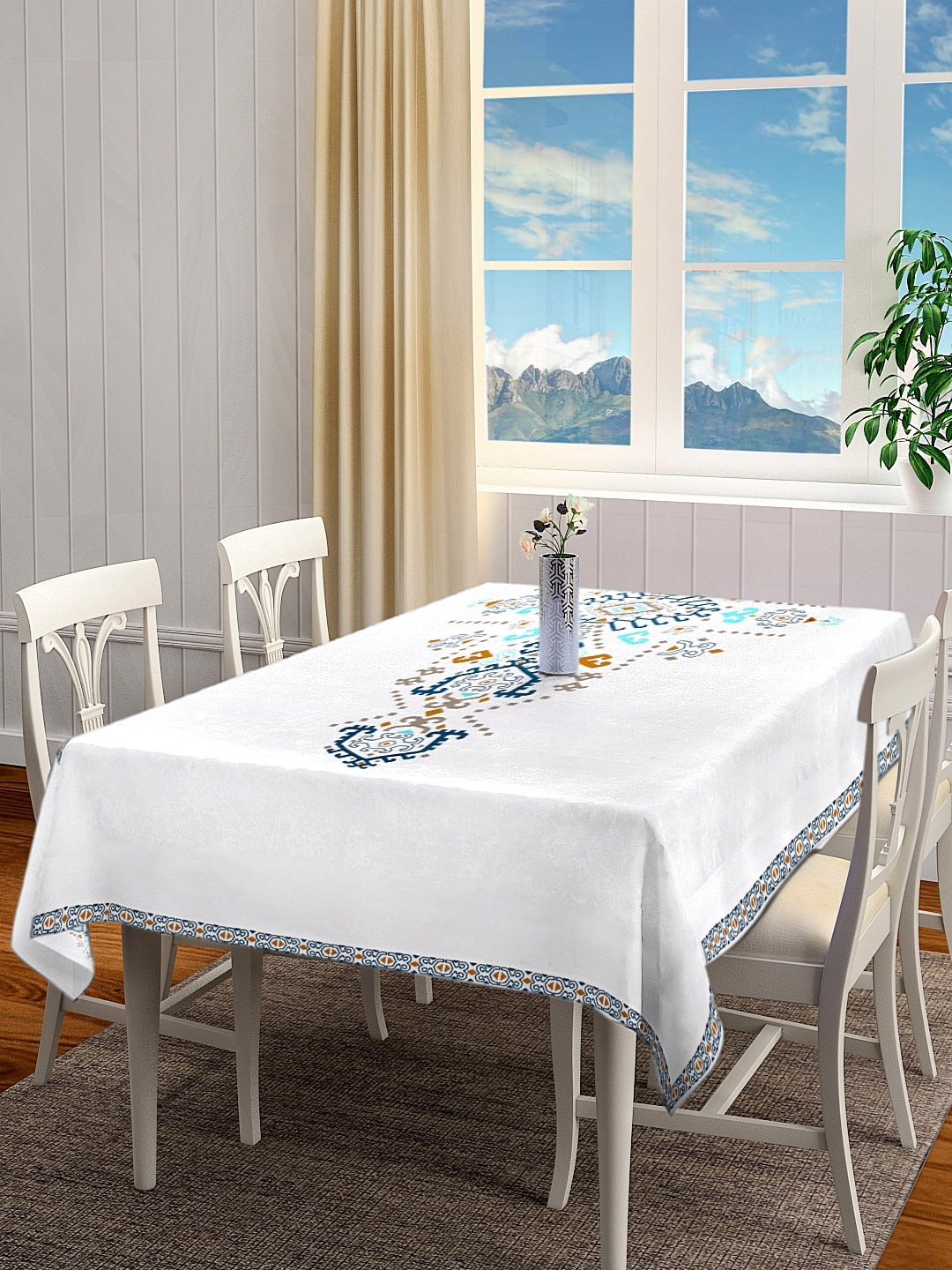 

BLANC9 White & Blue Ethnic Motifs Printed Rectangular Table Cover