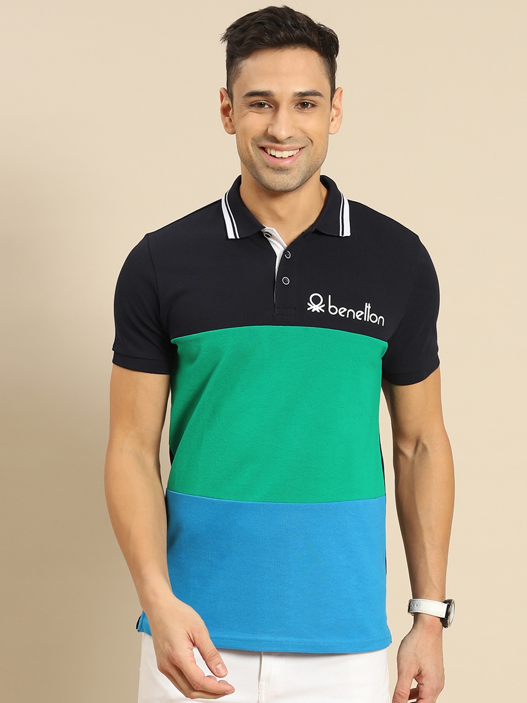 United Colors of Benetton Men Navy Blue Colourblocked Pure Cotton Polo Collar Pure Cotton T-shirt