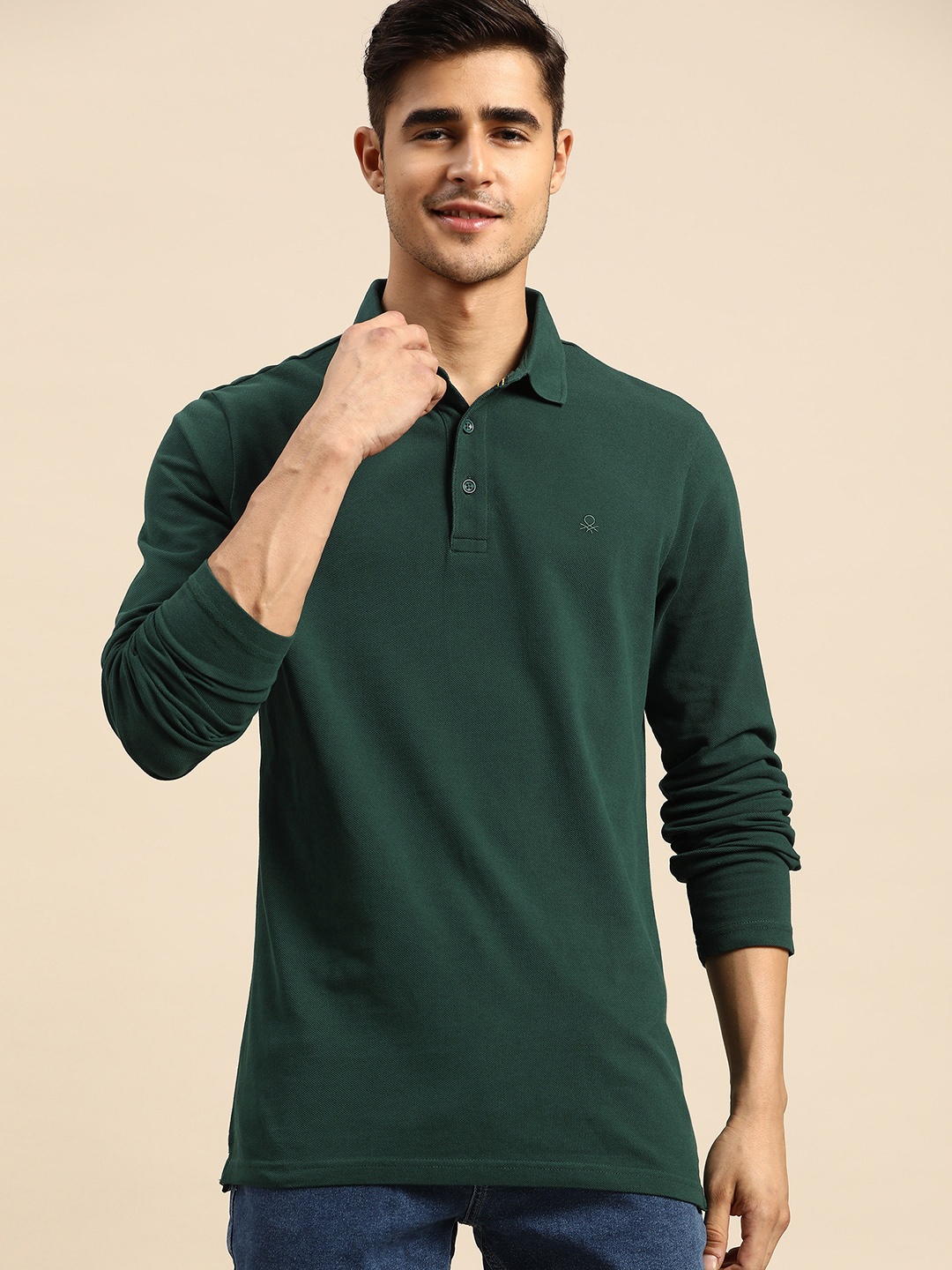 

United Colors of Benetton Men Green Solid Polo Collar Pure Cotton T-shirt