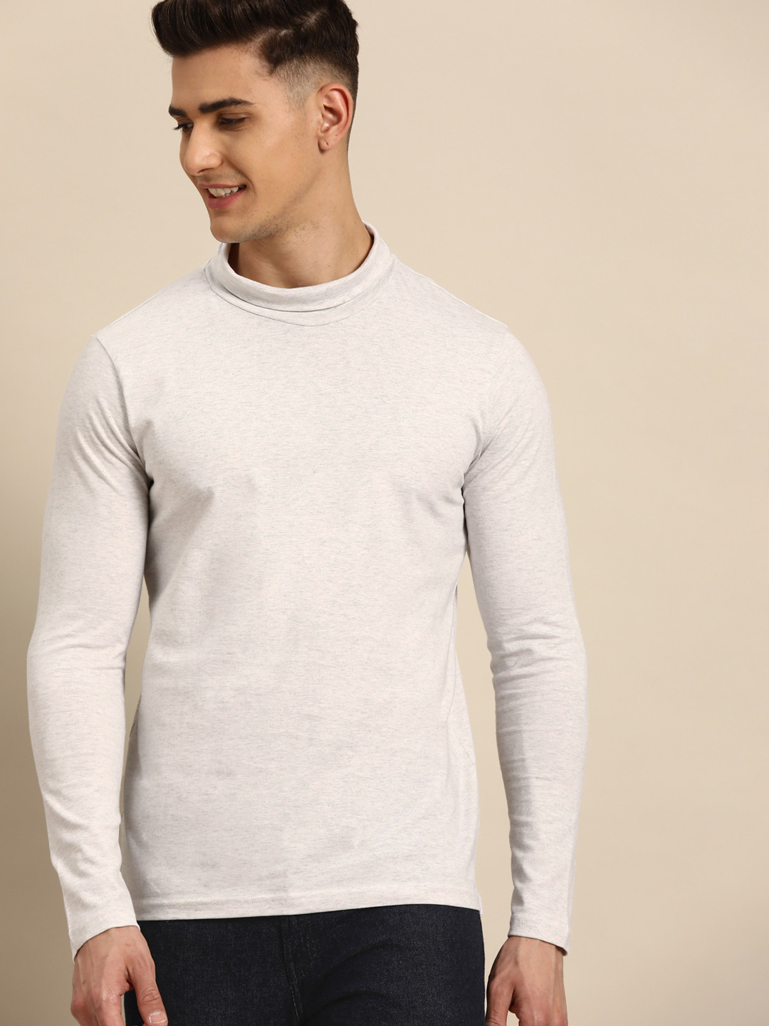 

United Colors of Benetton Men Grey Melange Solid Pure Cotton Turtle Neck Pure Cotton T-shirt