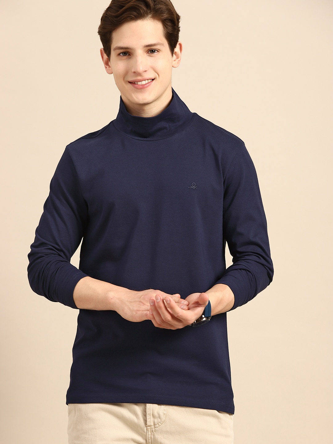 

United Colors of Benetton Men Navy Blue Pure Cotton T-shirt