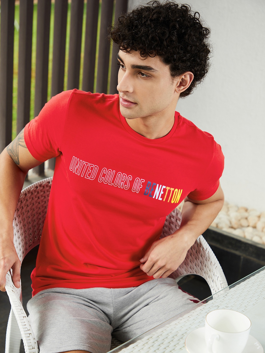 

United Colors of Benetton Men Red Pure Cotton Brand Logo Print Pure Cotton T-shirt