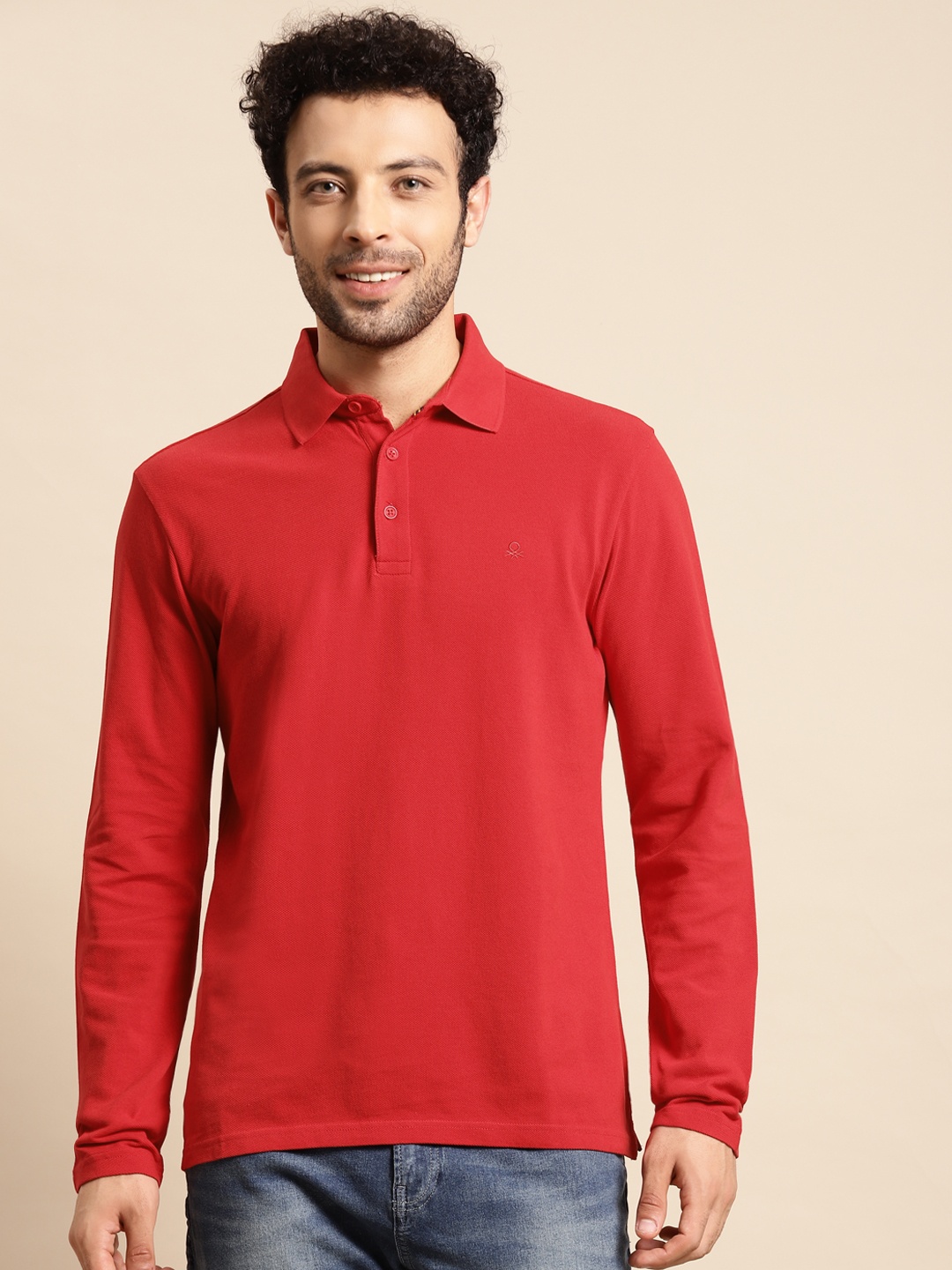 

United Colors of Benetton Men Red Polo Collar Pure Cotton T-shirt