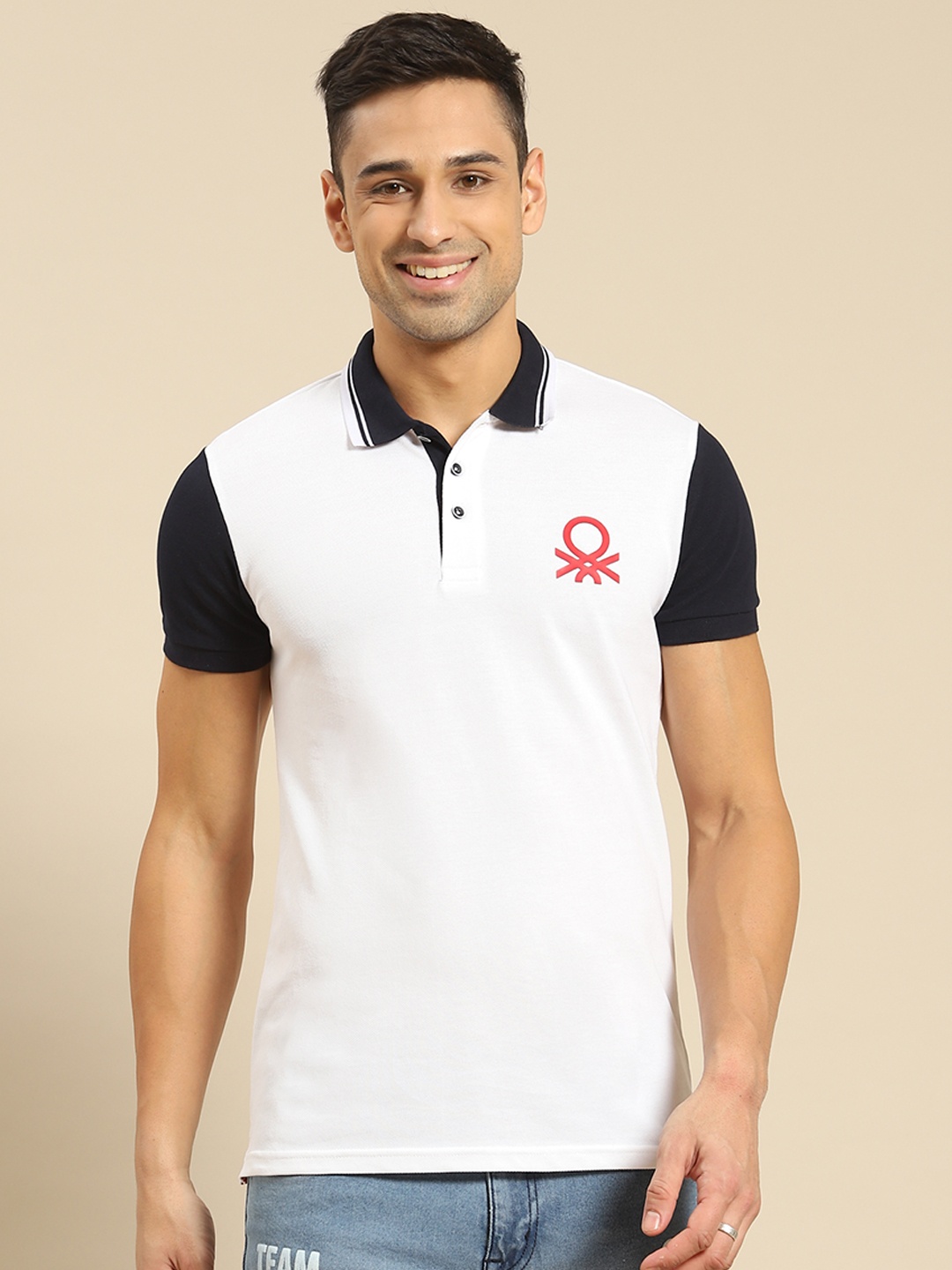 

United Colors of Benetton Men White Black Brand Logo Pure Cotton Polo Collar Pure Cotton T-shirt