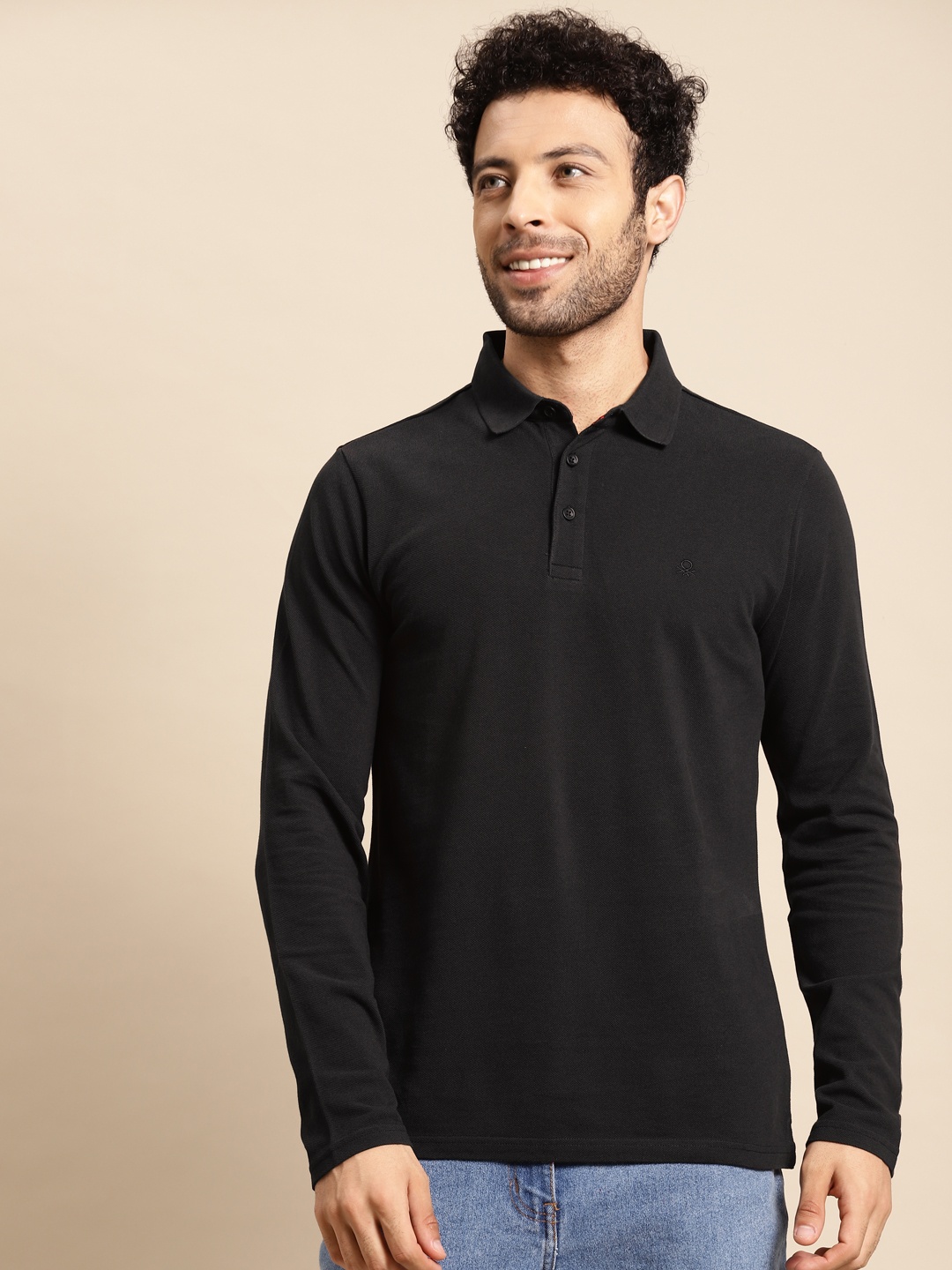 

United Colors of Benetton Men Black Polo Collar Pure Cotton T-shirt