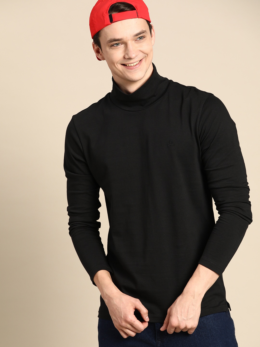 

United Colors of Benetton Men Black High Neck Pure Cotton T-shirt