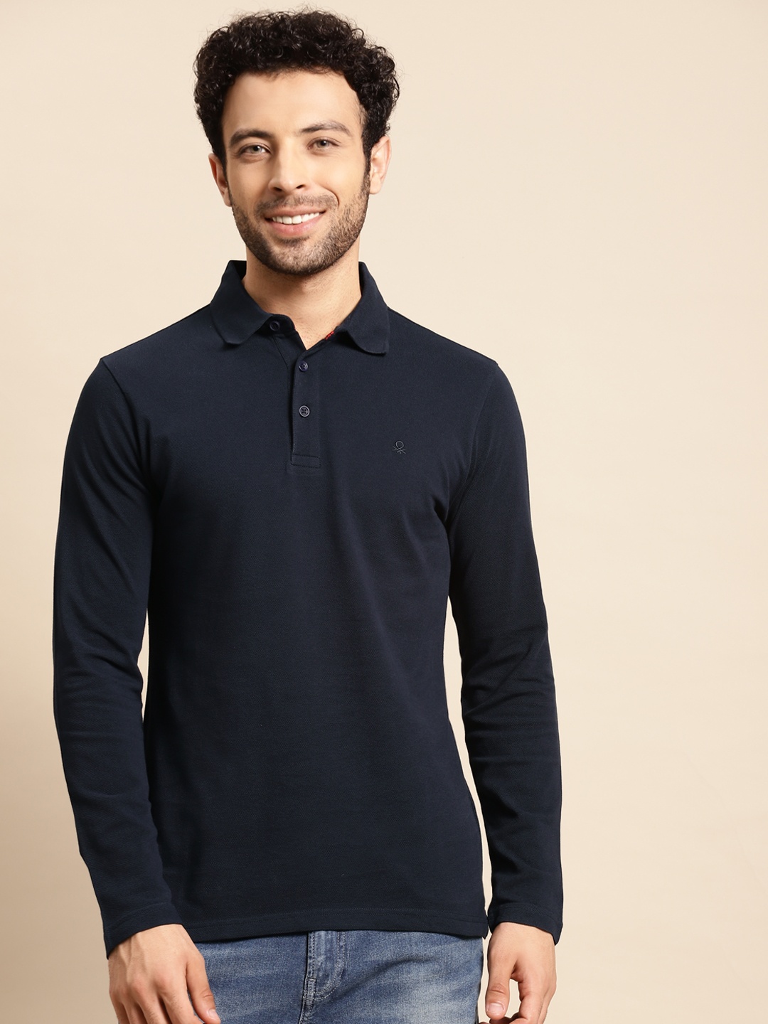 

United Colors of Benetton Men Navy Blue Polo Collar Pure Cotton T-shirt