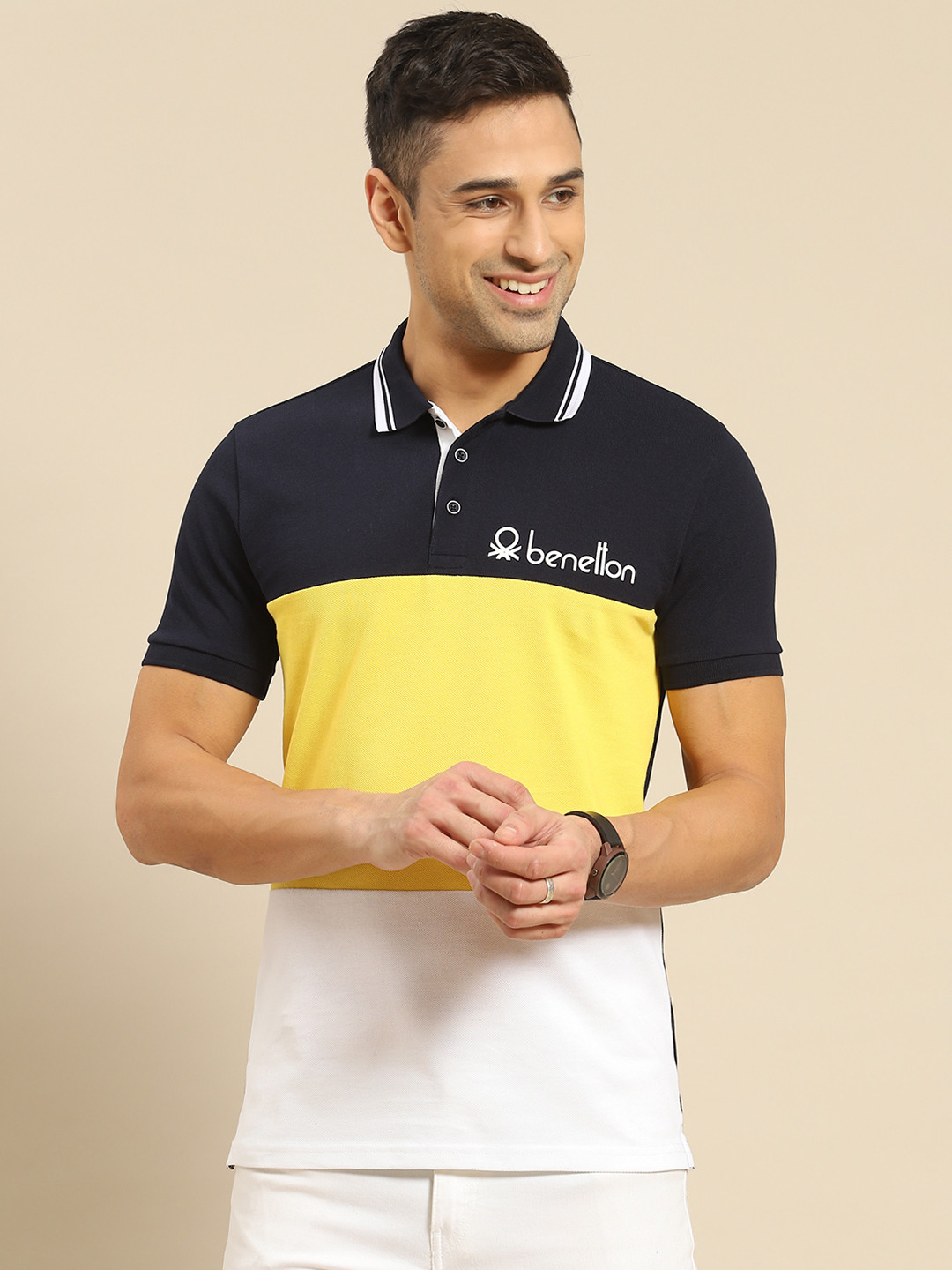 

United Colors of Benetton Men Yellow Colourblocked Pure Cotton Polo Collar Pure Cotton T-shirt