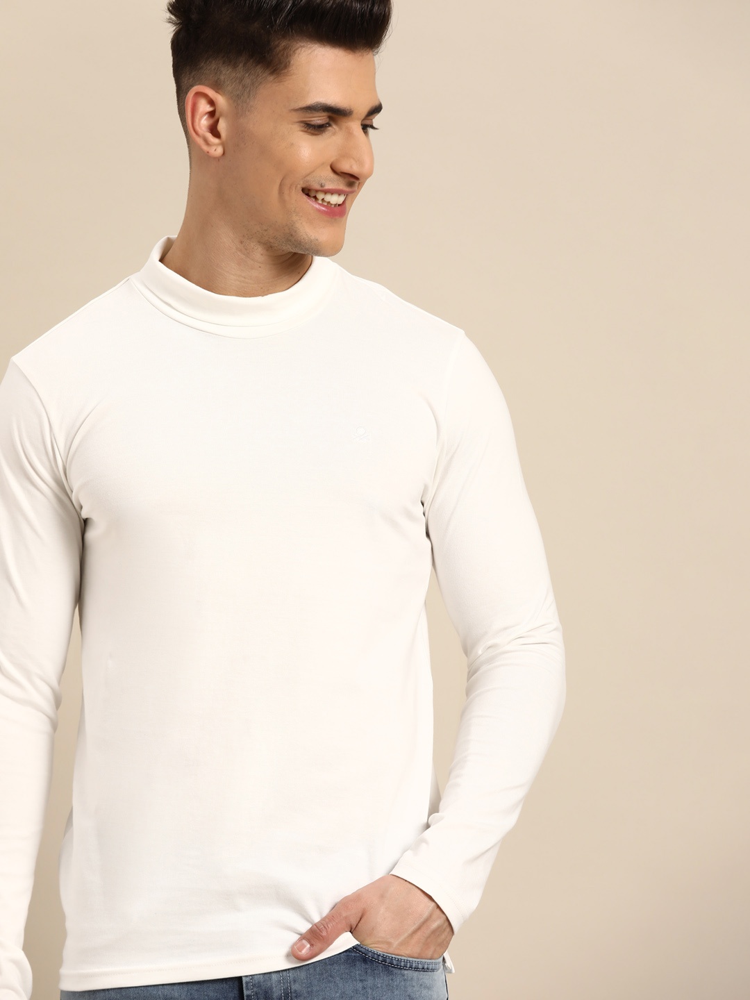 

United Colors of Benetton Men White Solid Pure Cotton Turtle Neck Pure Cotton T-shirt