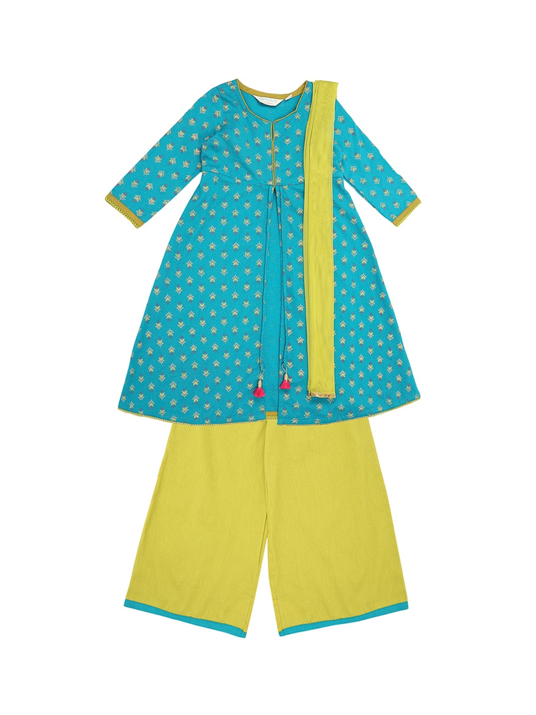 

AKKRITI BY PANTALOONS Girls Turquoise Blue Printed Angrakha Kurta with Salwar & With Dupatta