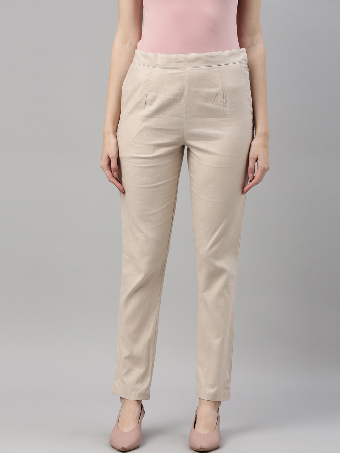 

Go Colors Women Beige Linen Cigerette Trousers