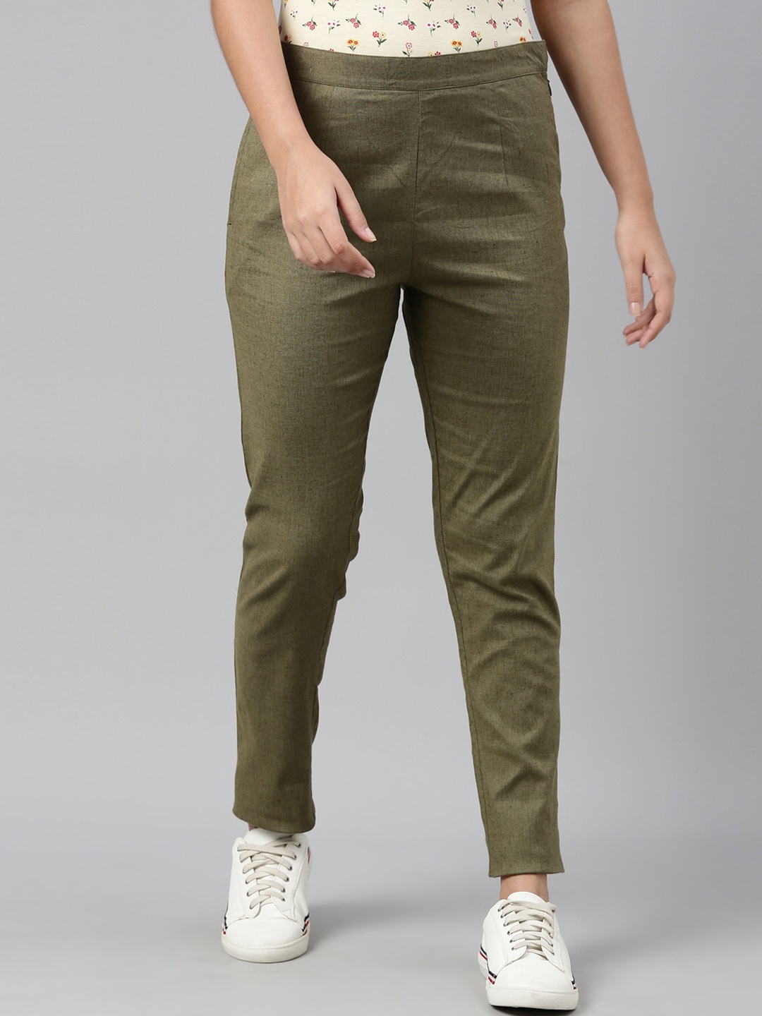 

Go Colors Women Olive Green Linen Cigerette Trousers