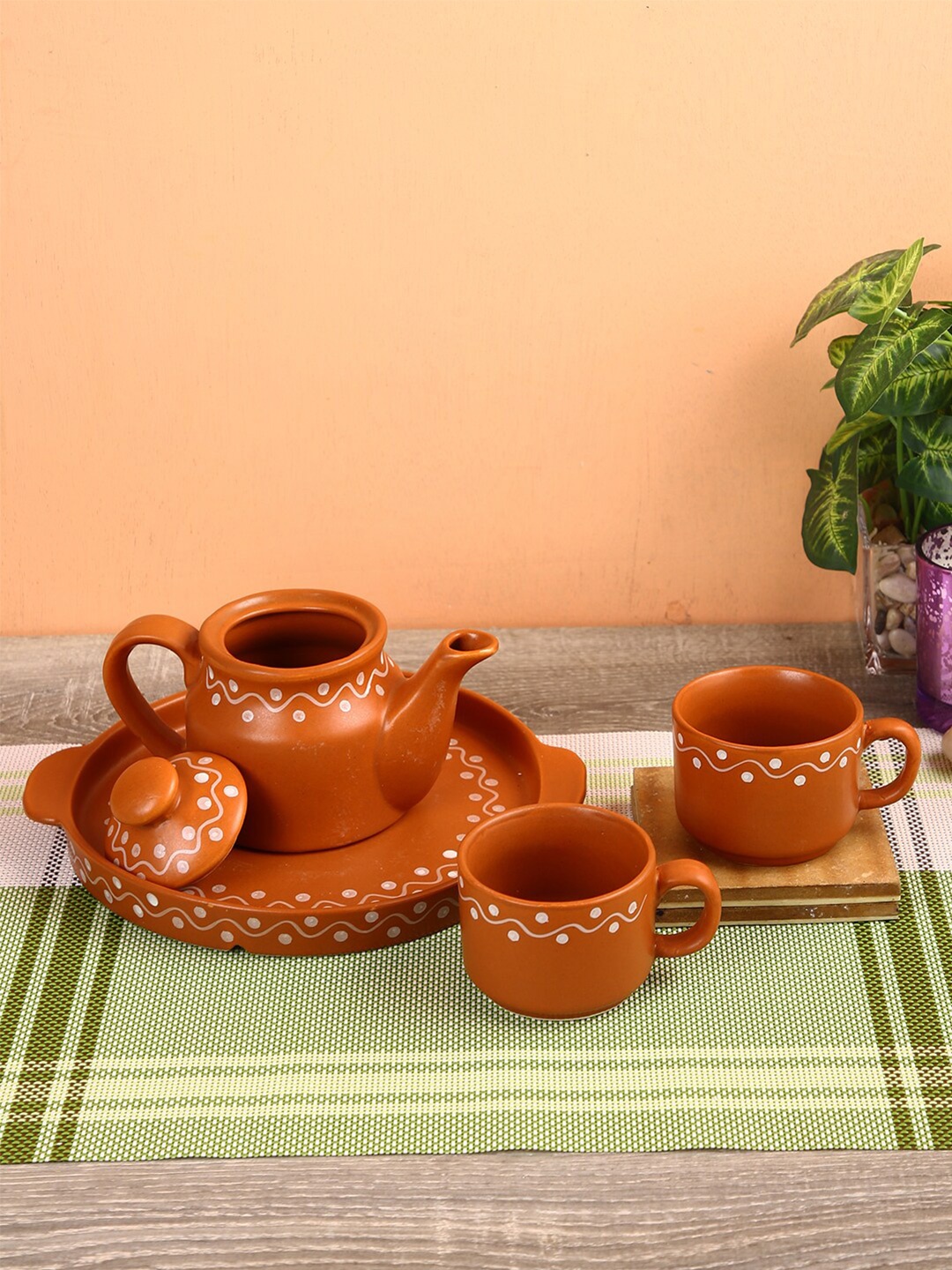 

Aapno Rajasthan Brown & White 4-Pieces Printed Ceramic Matte Kettle Set