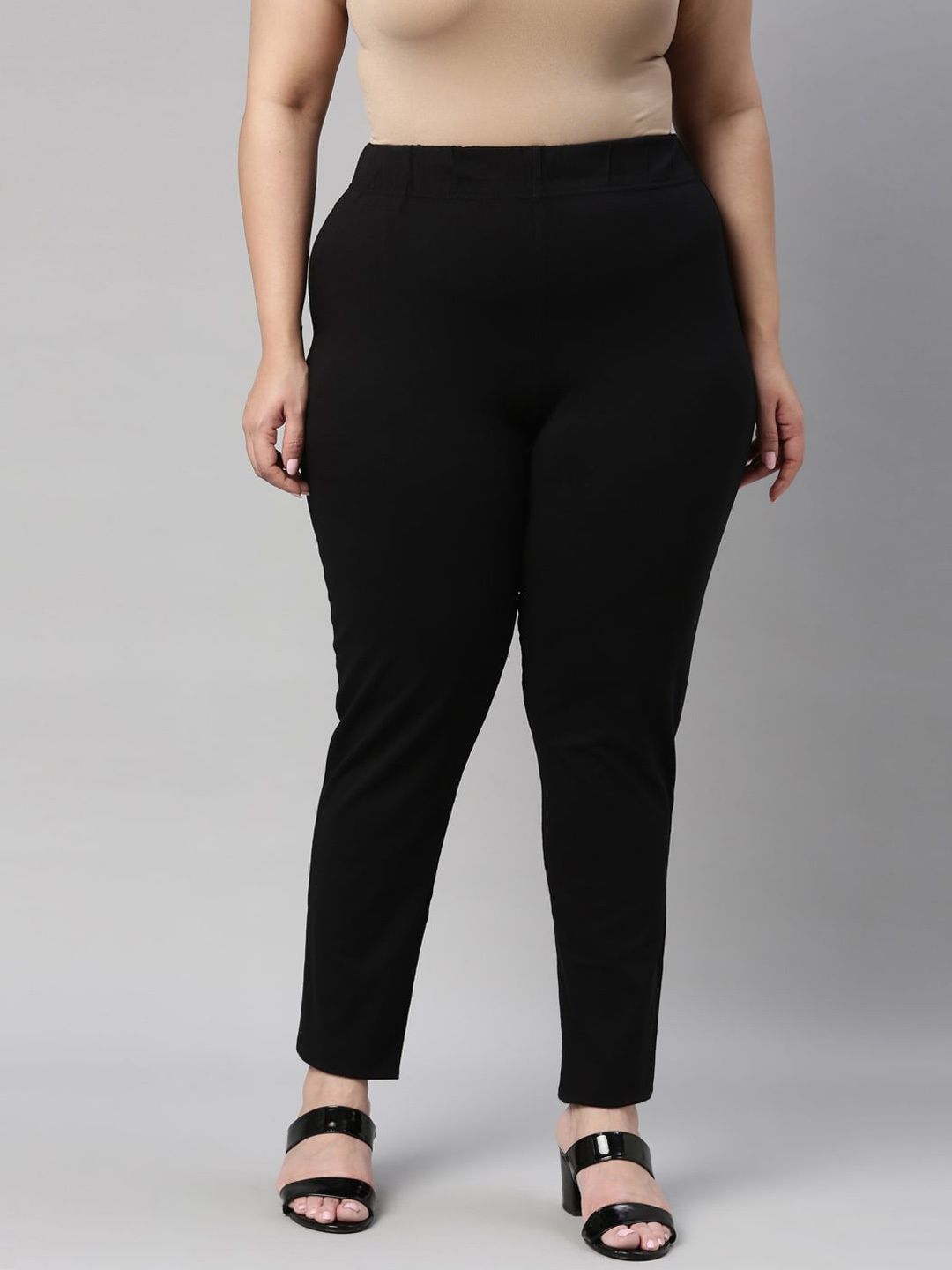 

Go Colors Women Black Cotton Tapered Fit Trousers
