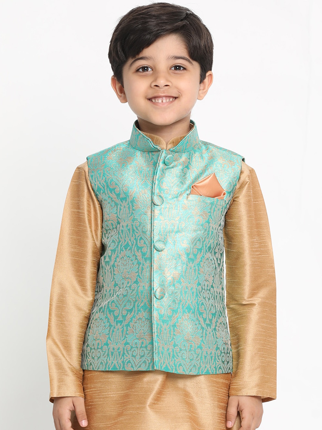 

VASTRAMAY Boys Sea Green & Gold Toned Woven Design Silk Blend Nehru Jacket