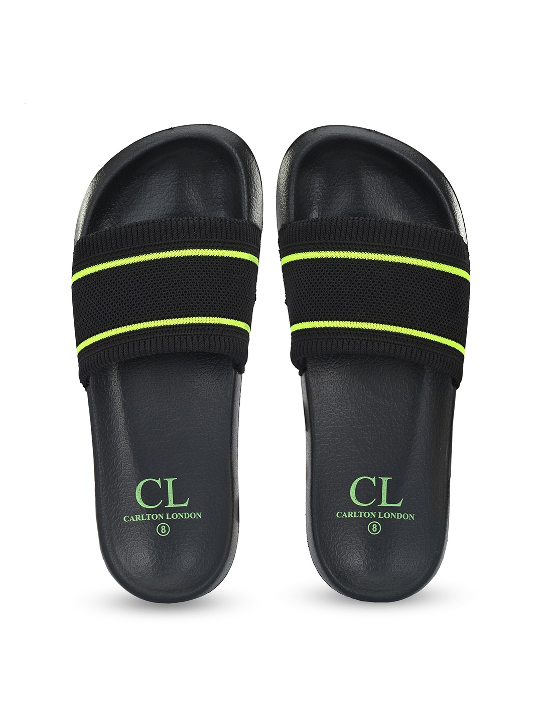 

Carlton London Men Black & Fluorescent Green Striped Sliders