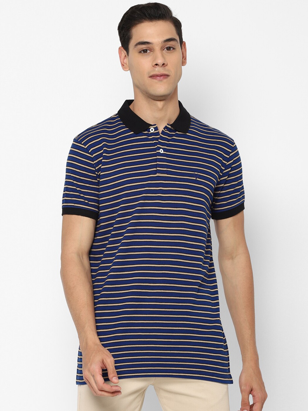 

Allen Solly Men Navy Blue Striped Polo Collar Pockets T-shirt