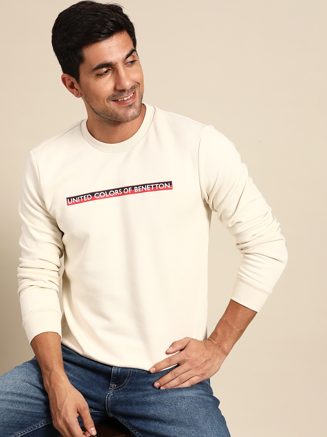 

United Colors of Benetton Men Off White Brand Logo Print Sweatshirt