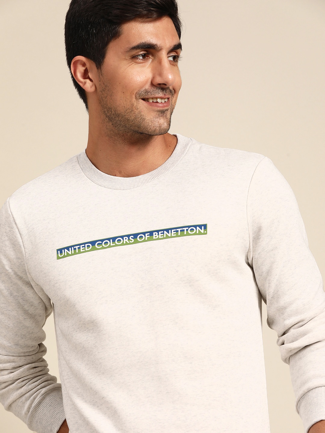 

United Colors of Benetton Men Grey Melange Brand Logo Print Sweatshirt