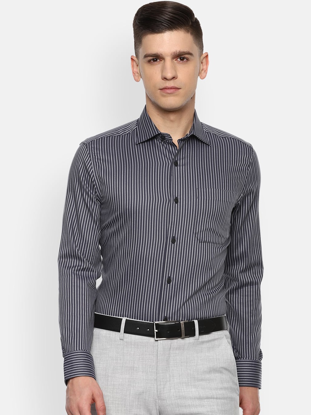 

Louis Philippe Men Grey Opaque Striped Casual Shirt