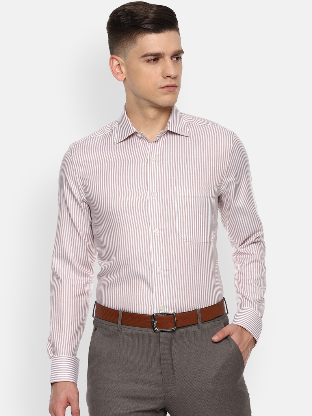 

Louis Philippe Men Beige Opaque Striped Casual Shirt