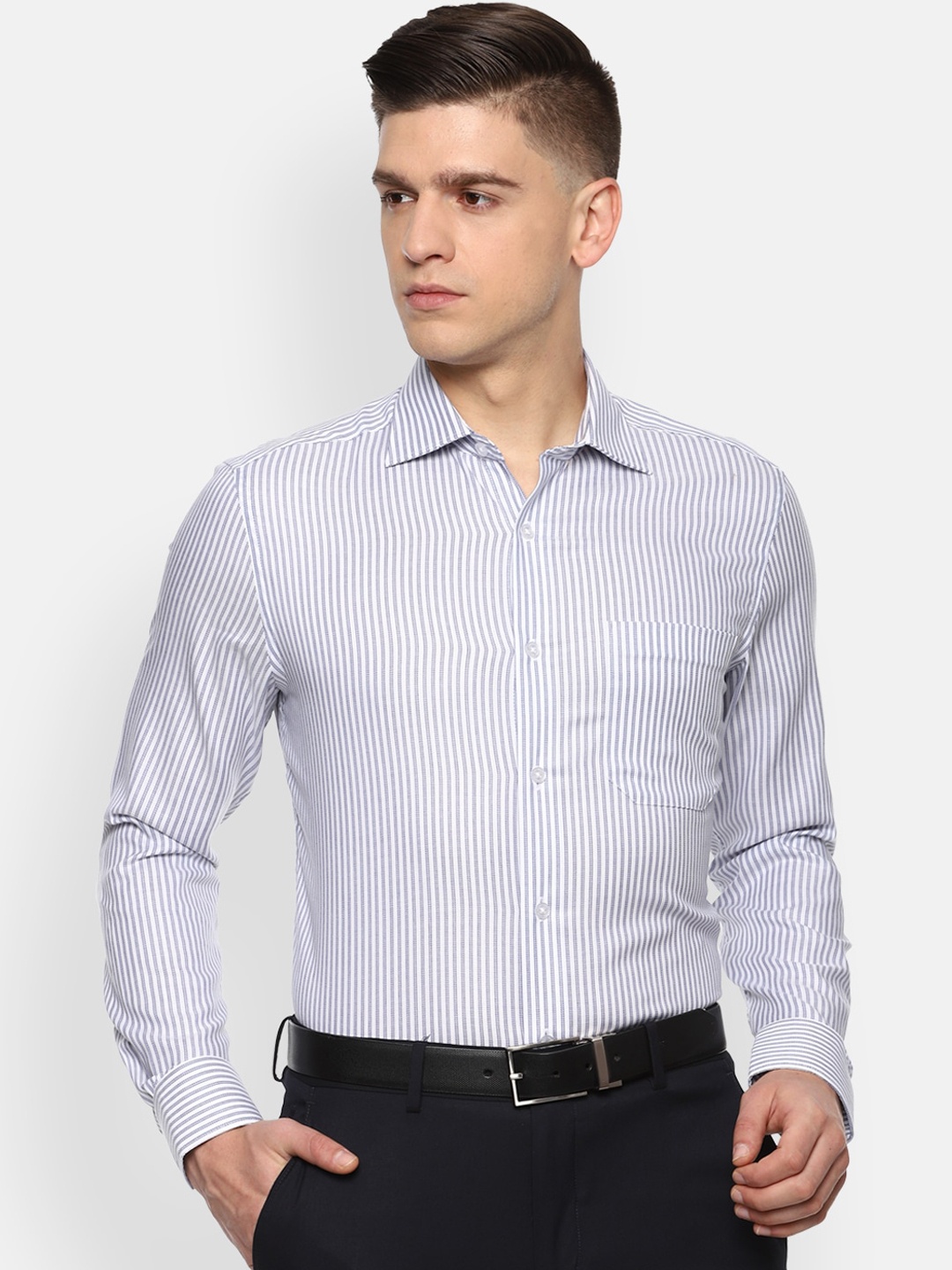 

Louis Philippe Men Blue Opaque Striped Casual Shirt
