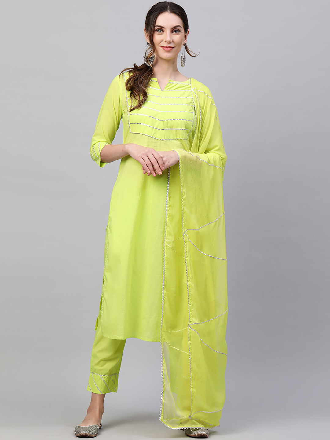 

Indo Era Women Fluorescent Green Yoke Design Gotta Patti Pure Cotton Kurta with Palazzos & With Dupatta