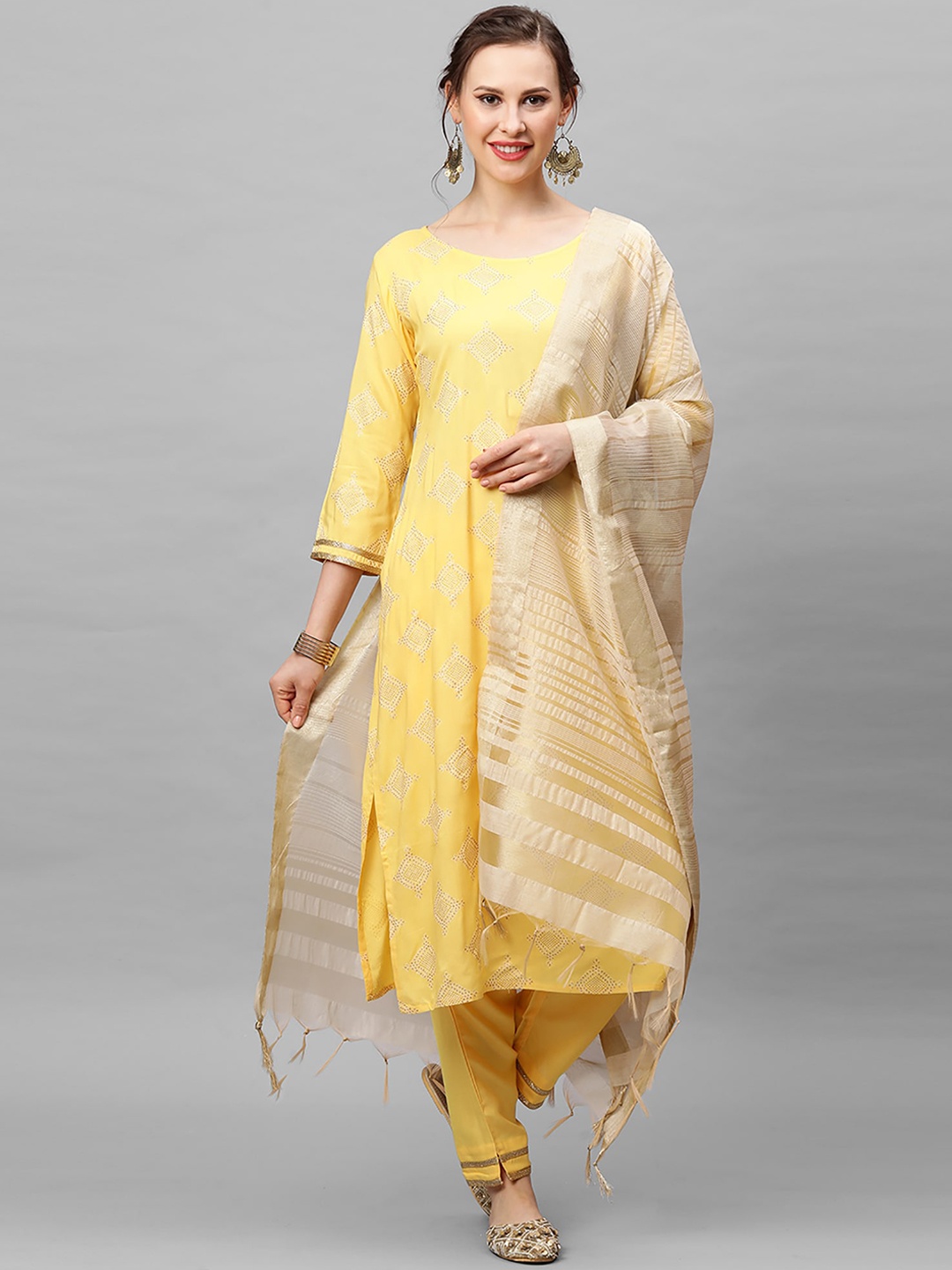 

Indo Era Women Yellow Ethnic Motifs Printed Regular Kurta with Trousers & With Dupatta