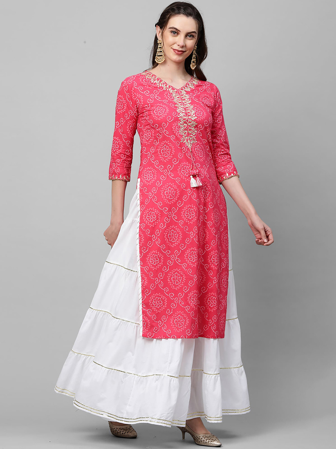 

Indo Era Women Pink Ethnic Motifs Printed Regular Pure Cotton Kurta with Skirt