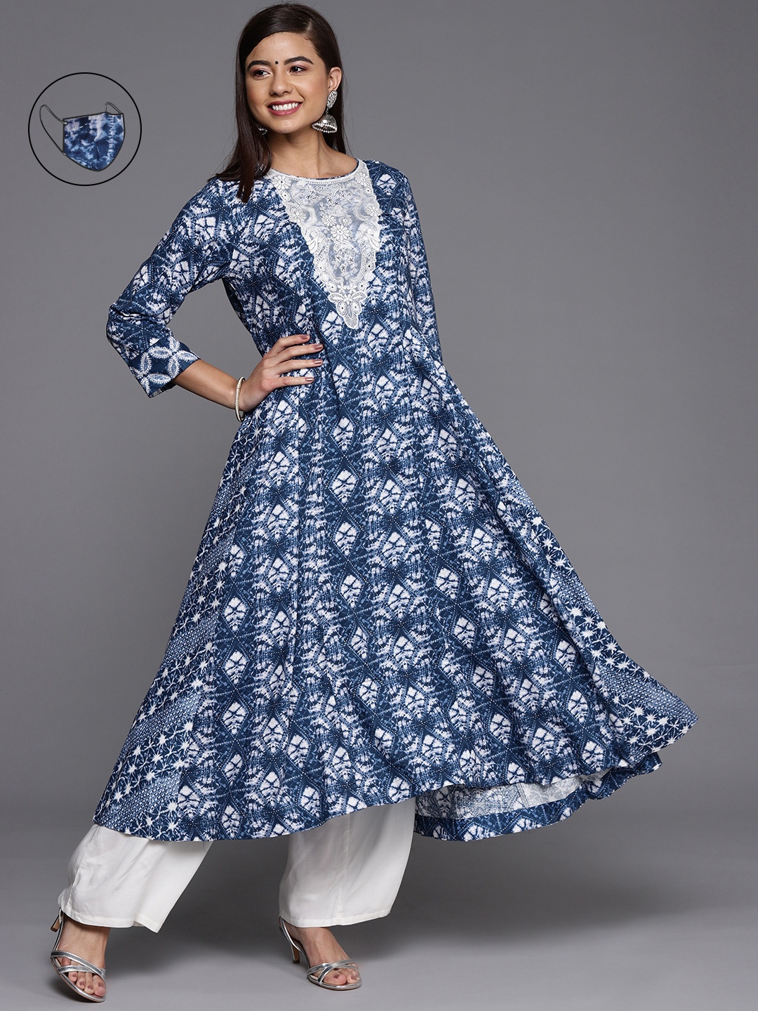 

Biba Women Blue & White Ethnic Motifs Printed Anarkali Kurta