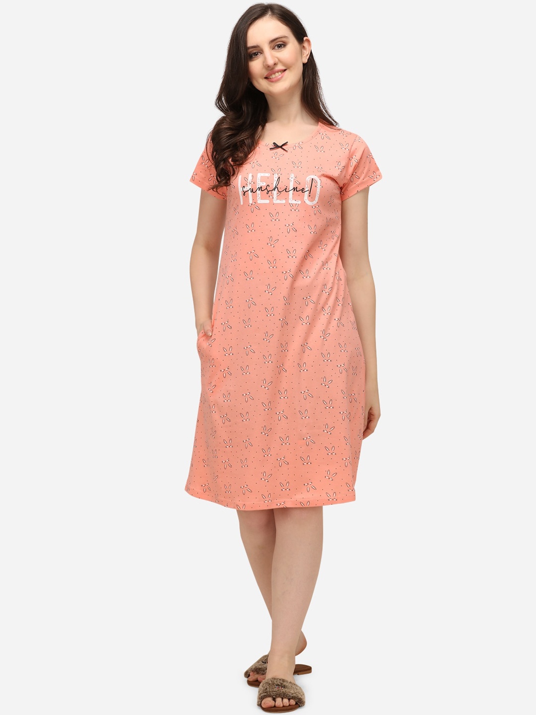 

Lenissa Women Peach-Colored & White Printed Cotton Relaxed-Fit Sleep Shirt