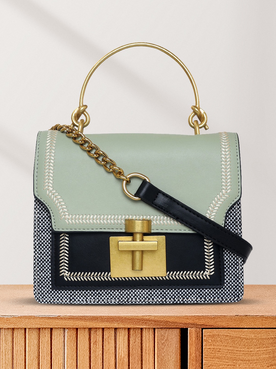 

ESBEDA Green & Black Colourblocked PU Structured Satchel