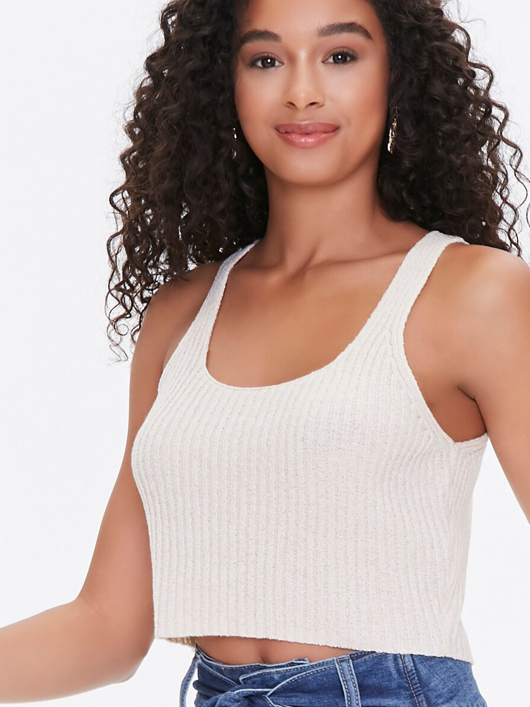 

FOREVER 21 Women Off White Knit Cropped Tank Top