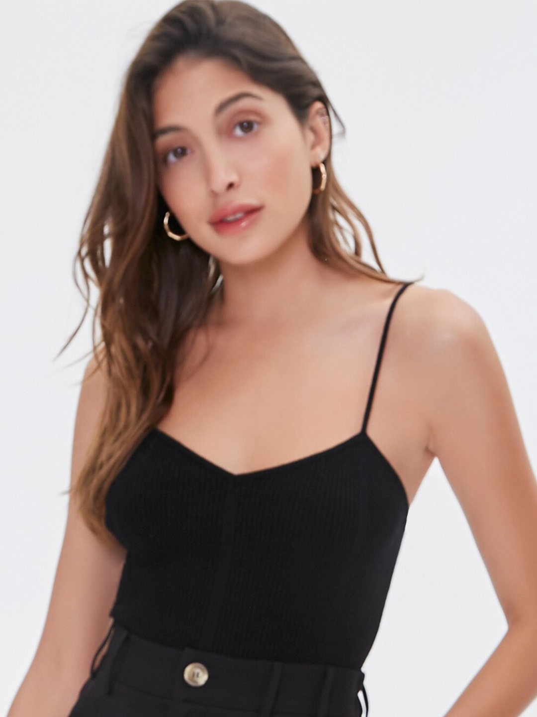 

FOREVER 21 Women Black Ribbed Sweater-Knit Cami Top