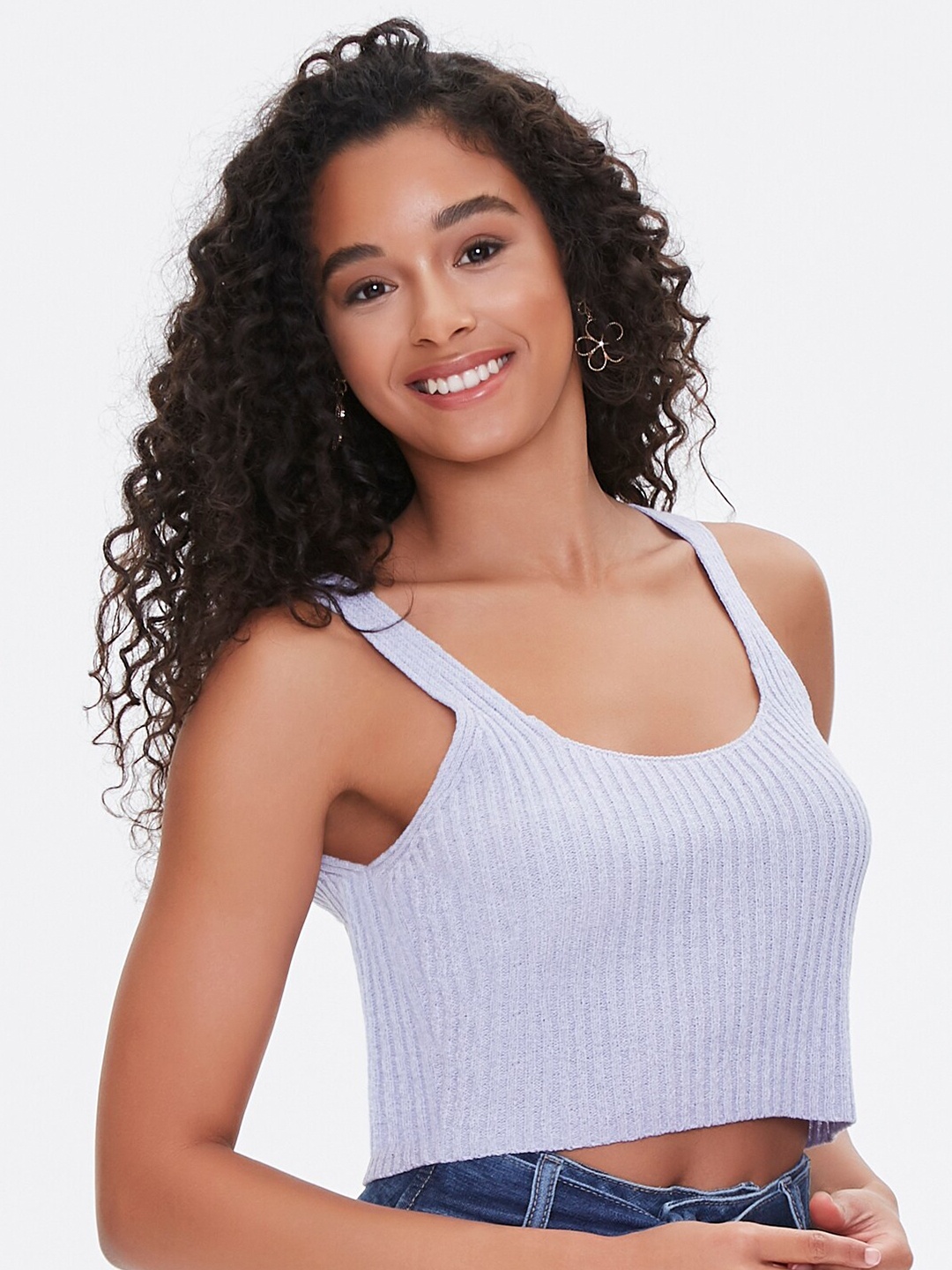 

FOREVER 21 Women Blue Acrylic Striped Crop Pullover Sweaters