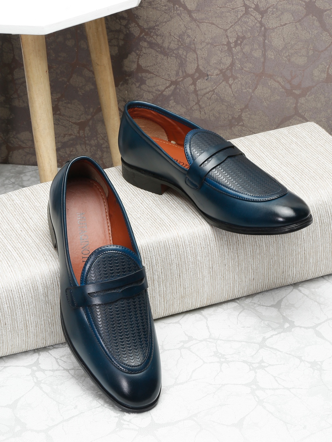 MUTAQINOTI Men Blue Woven Design Patent Leather Loafers