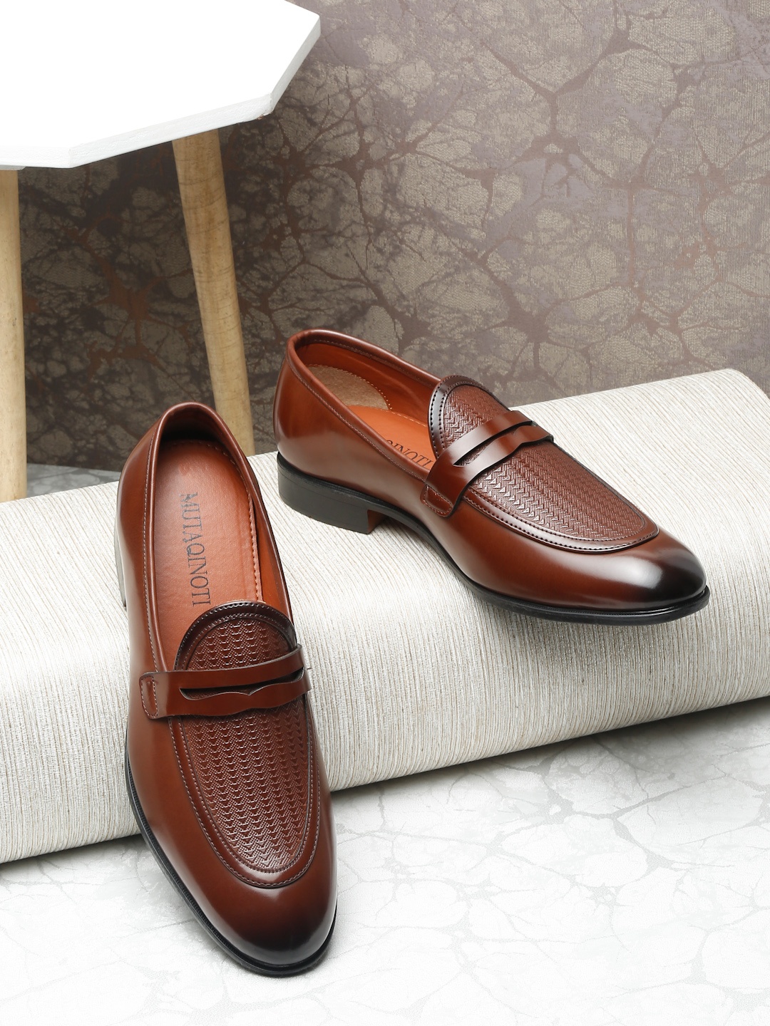 

MUTAQINOTI Men Brown Patent Leather Loafers