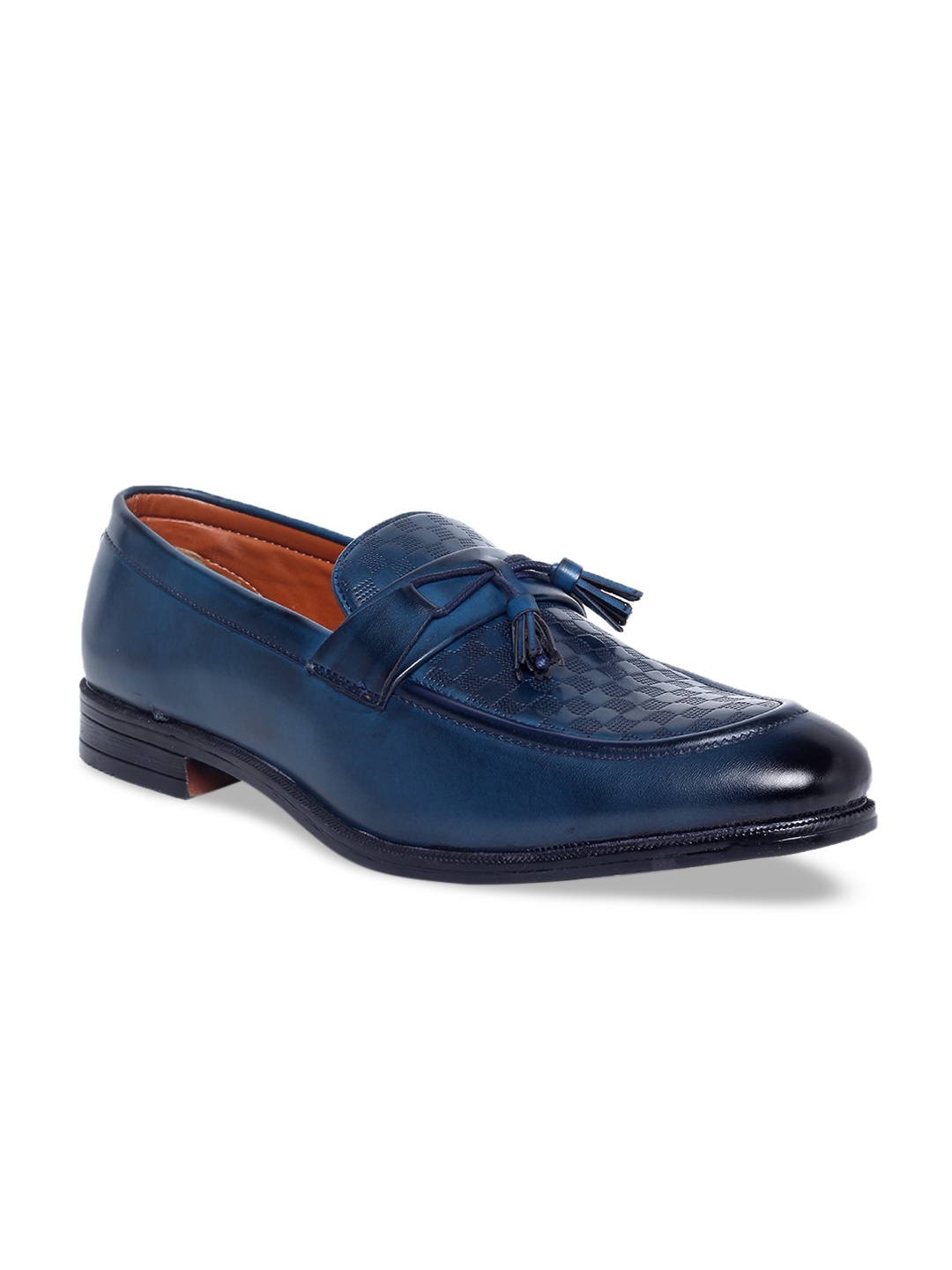 

MUTAQINOTI Men Blue Woven Design Patent Leather Loafers