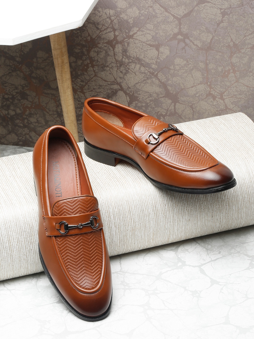 

MUTAQINOTI Men Tan Textured Patent Leather Loafers