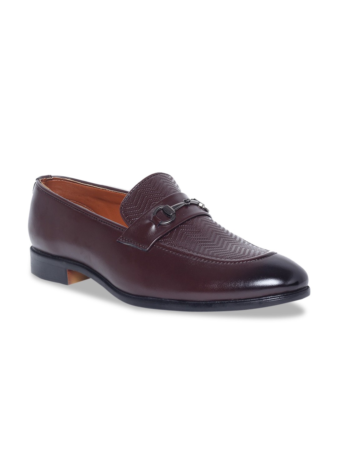 

MUTAQINOTI Men Brown Woven Design Patent Leather Loafers