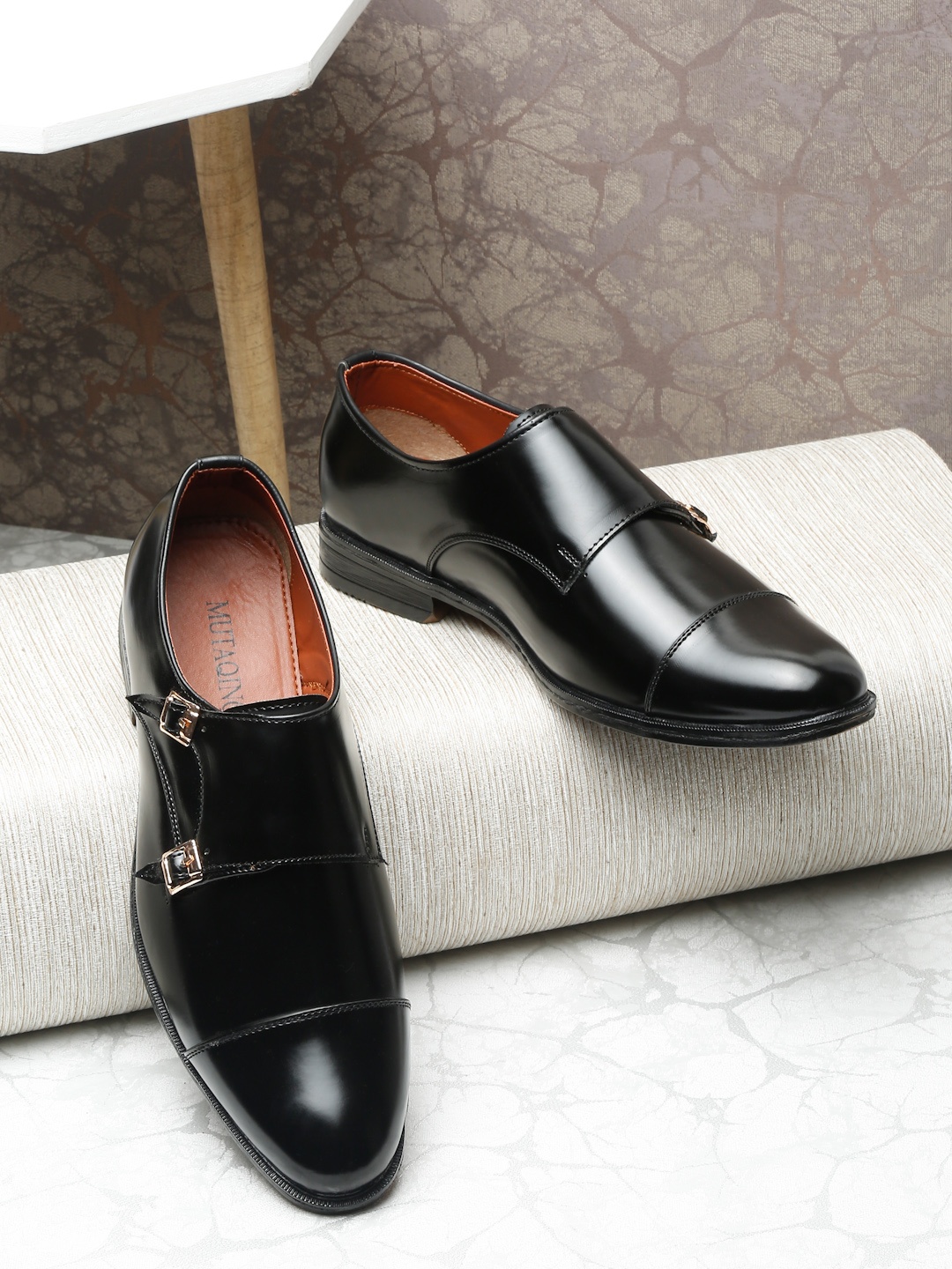 

MUTAQINOTI Men Black Colourblocked Patent Leather Monks