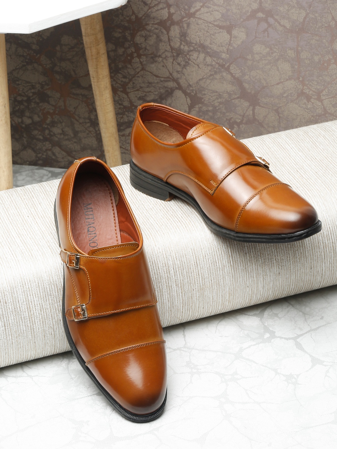 

MUTAQINOTI Men Tan Colourblocked Patent Leather Monks