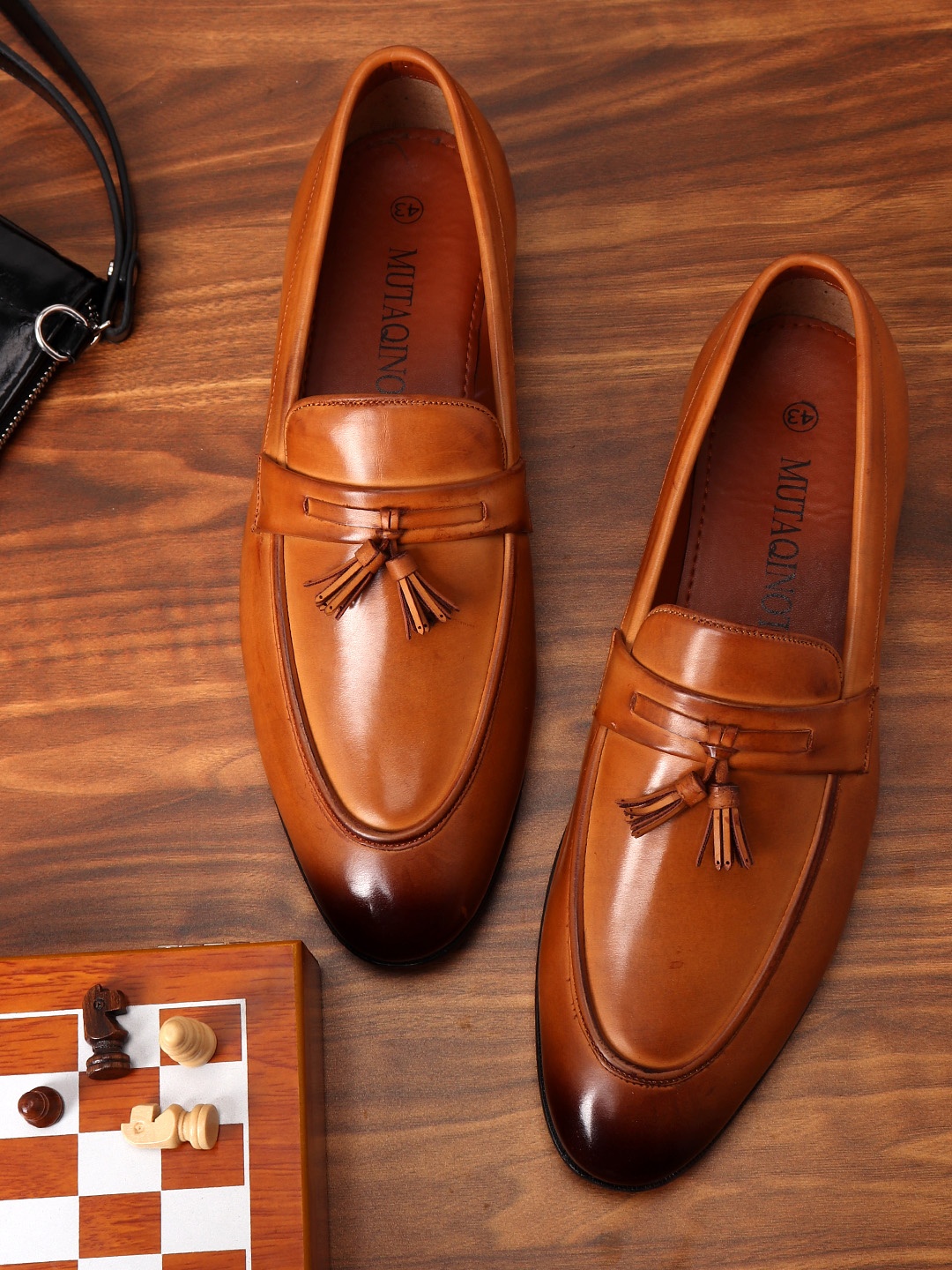 

MUTAQINOTI Men Tan Patent Leather Loafers