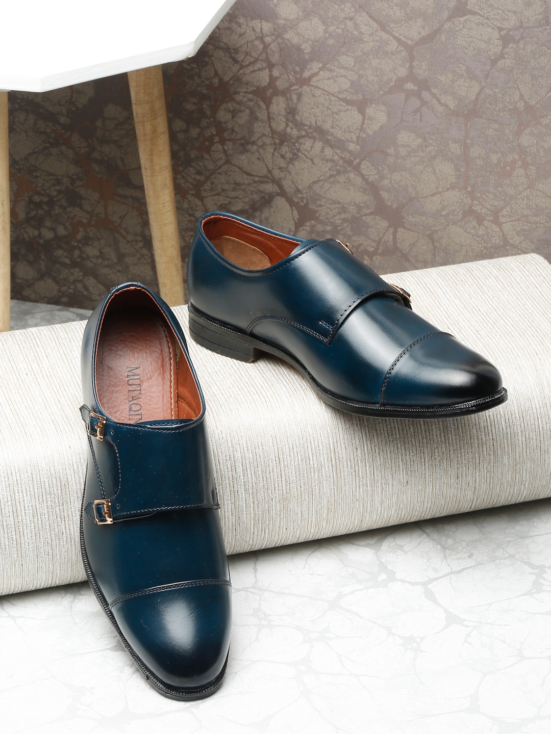 

MUTAQINOTI Men Blue Patent Leather Monks