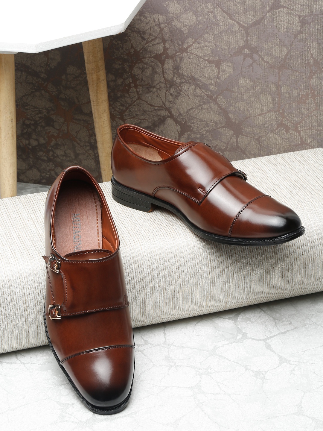 

MUTAQINOTI Men Brown Patent Leather Monks